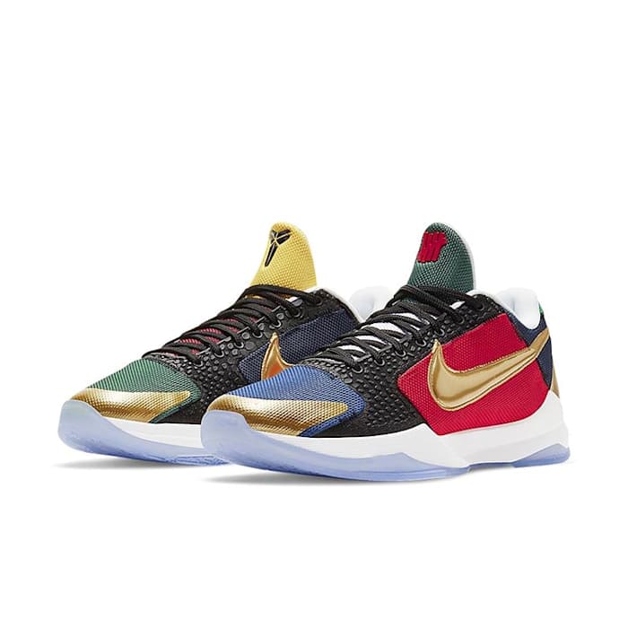 View of multi-color Nike Kobe 5 shoes.